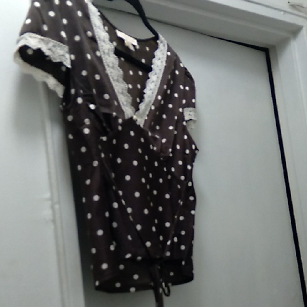 Monteau Brown Polka Dot Lace-Trim V-Neck Top